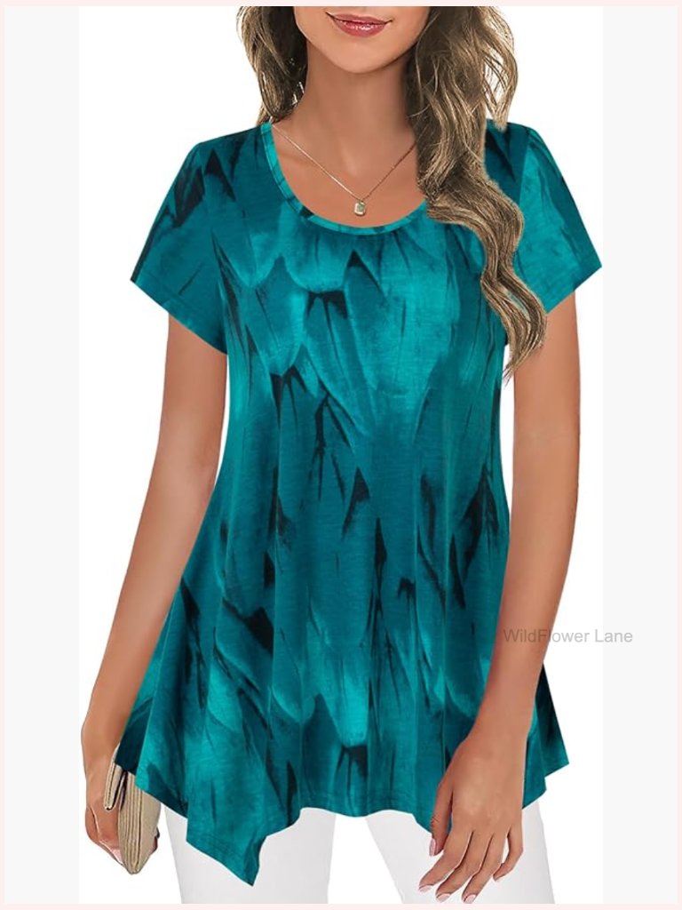Short Sleeve Floral Tunic Blouse Scoop Neck Asymmetrical Hem Top